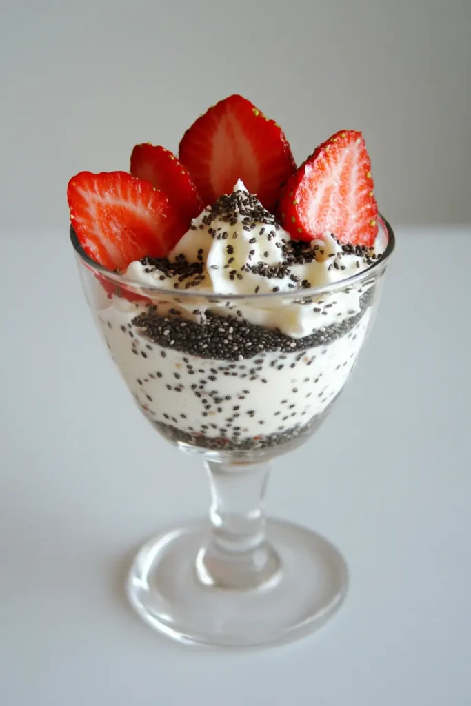 A glass of coconut yogurt parfait layered with sliced strawberries and chia seeds.