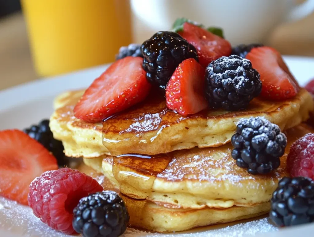 A plate of gluten-free pancakes topped with fresh berries, strawberries and a drizzle of maple syrup