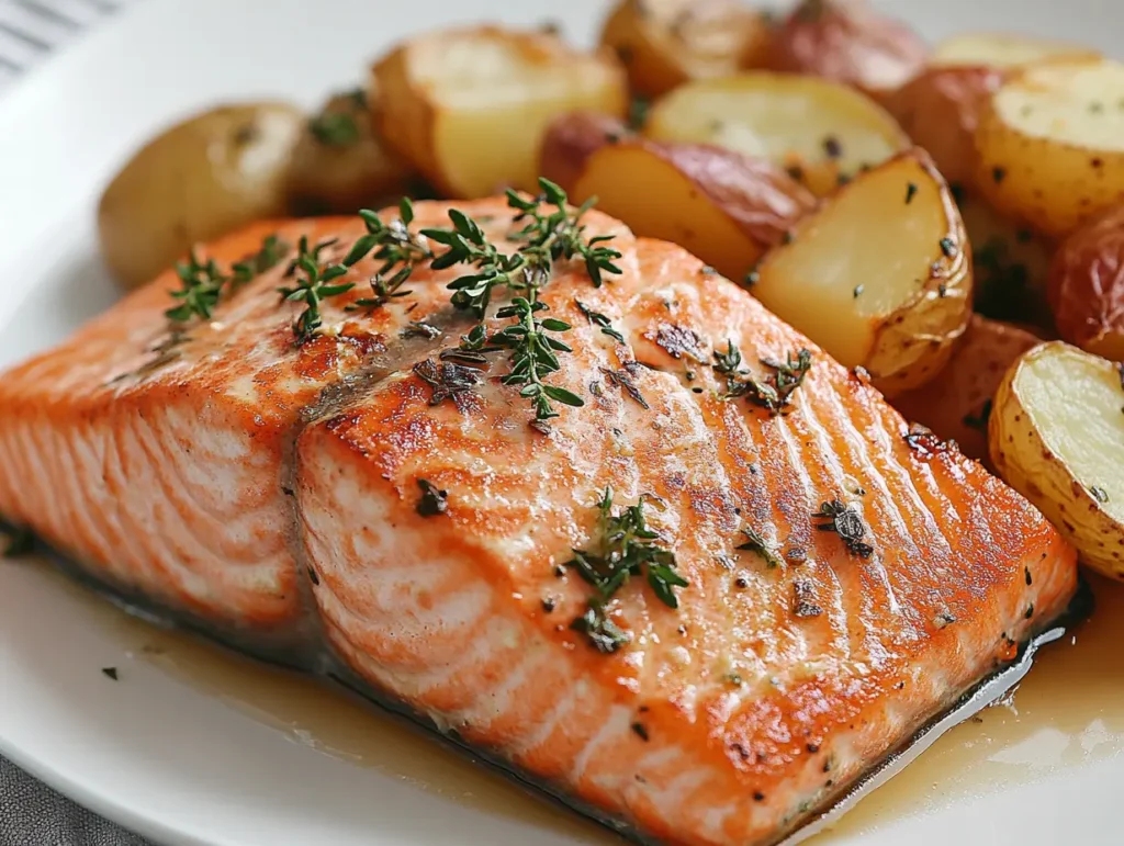 A baked salmon fillet garnished with fresh herbs, served with golden roasted potatoes.