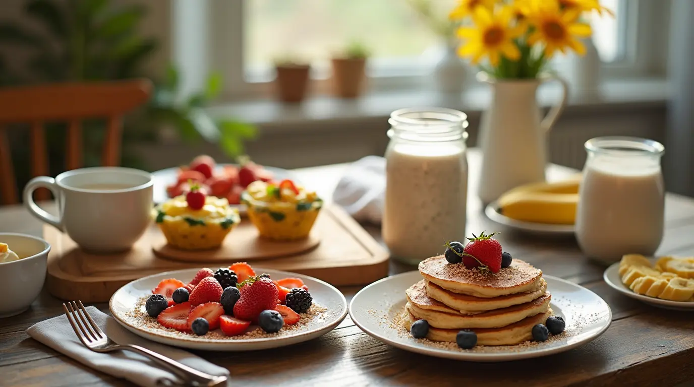 Low FODMAP breakfast ideas featuring gluten-free pancakes, chia pudding, and egg muffins on a rustic table.