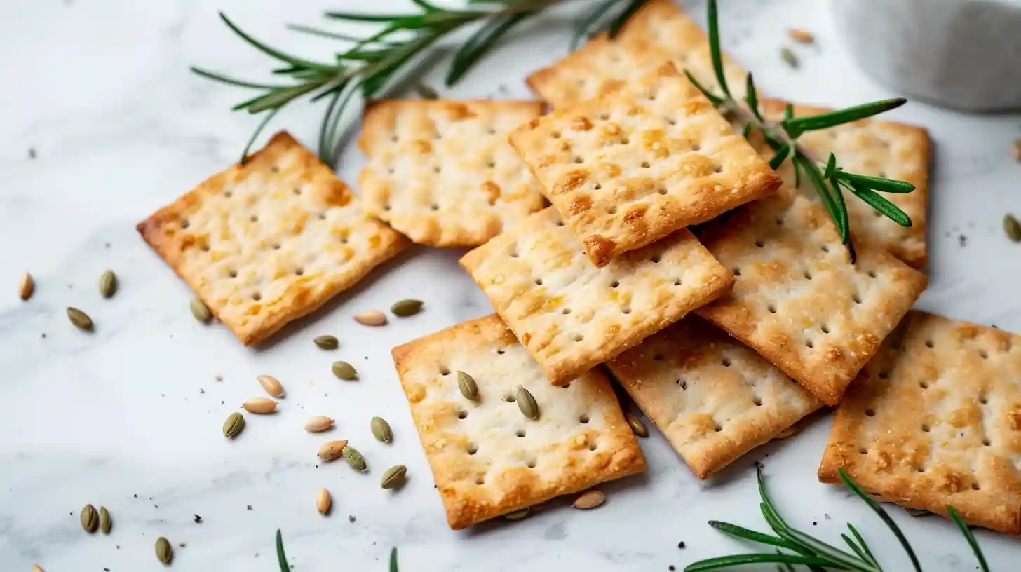 Artisanal gluten-free crackers arranged geometrically with seeds and herbs