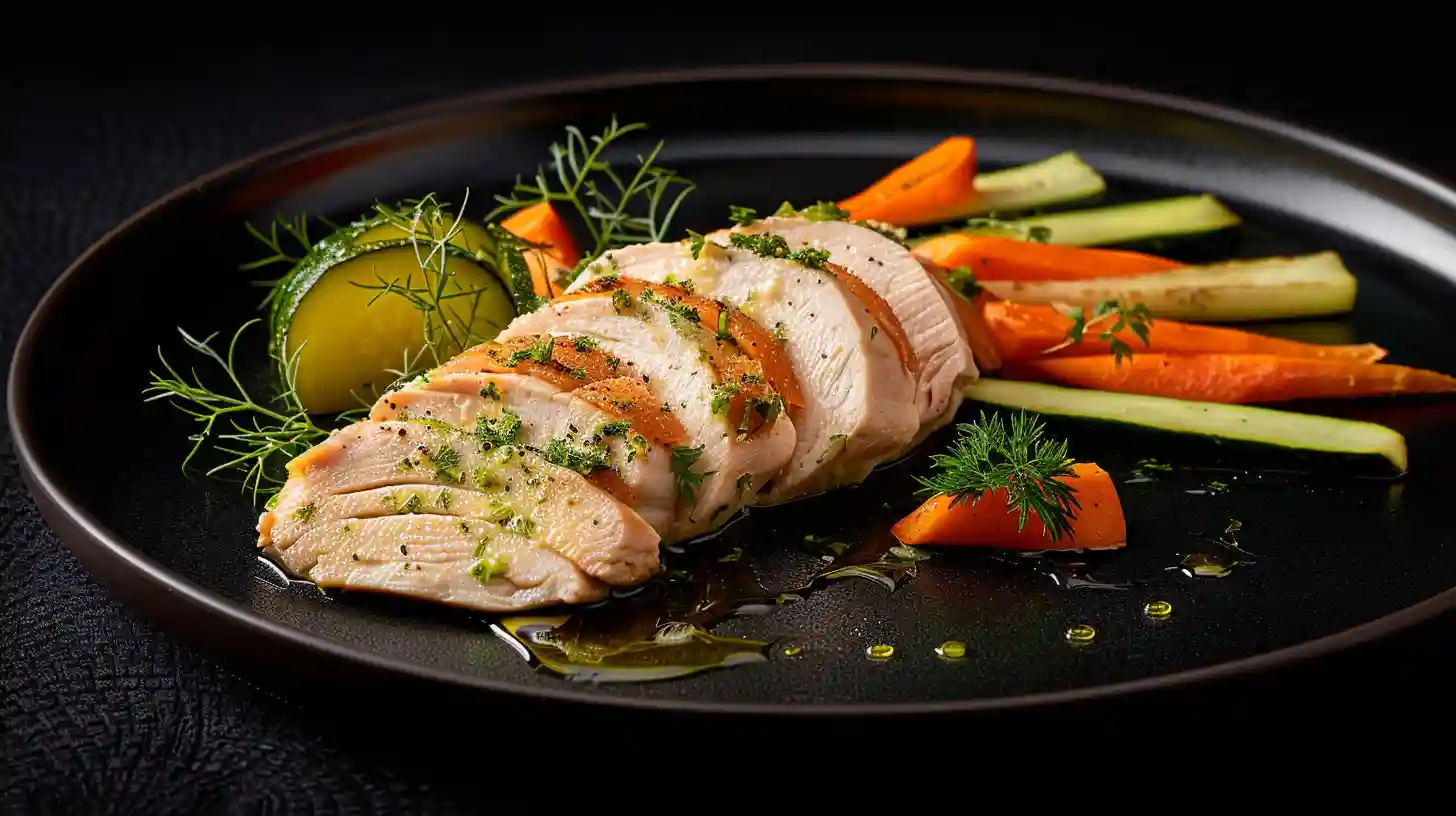 Sliced chicken breast with steamed vegetables on black plate with dramatic lighting