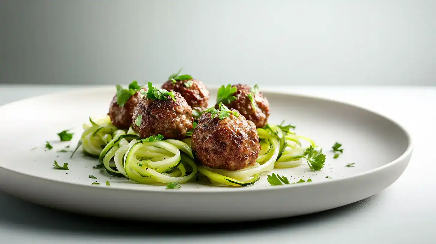 Delicious and healthy low FODMAP ground beef meatballs served over zucchini noodles and garnished with fresh parsley.