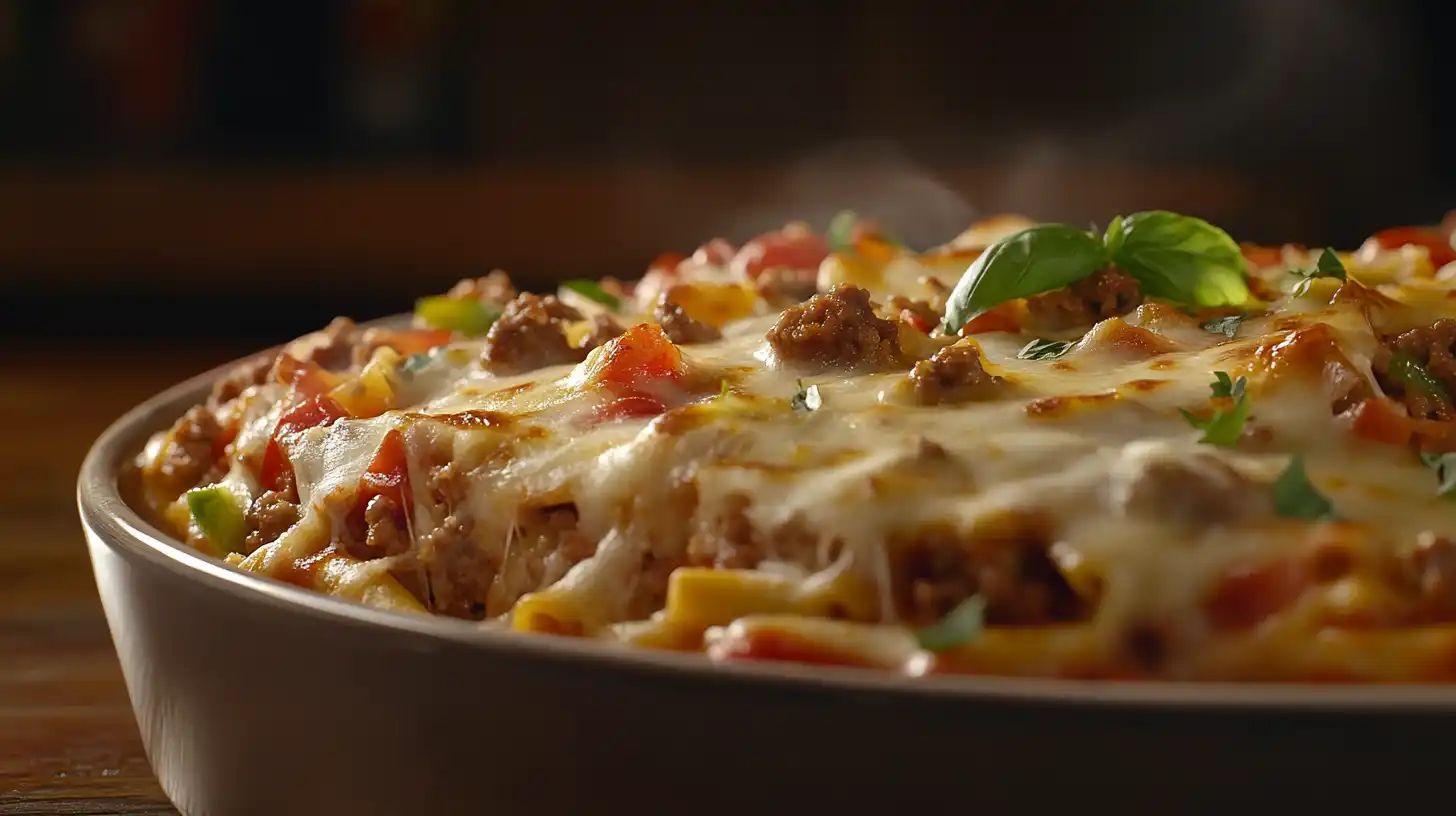 A delicious and bubbly low FODMAP pasta recipe showing baked ziti with ground turkey, vegetables, and melted cheese.