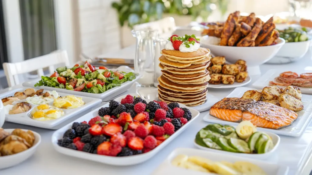 A table filled with vibrant Low-FODMAP dishes, including pancakes, egg muffins, and grilled chicken salad.