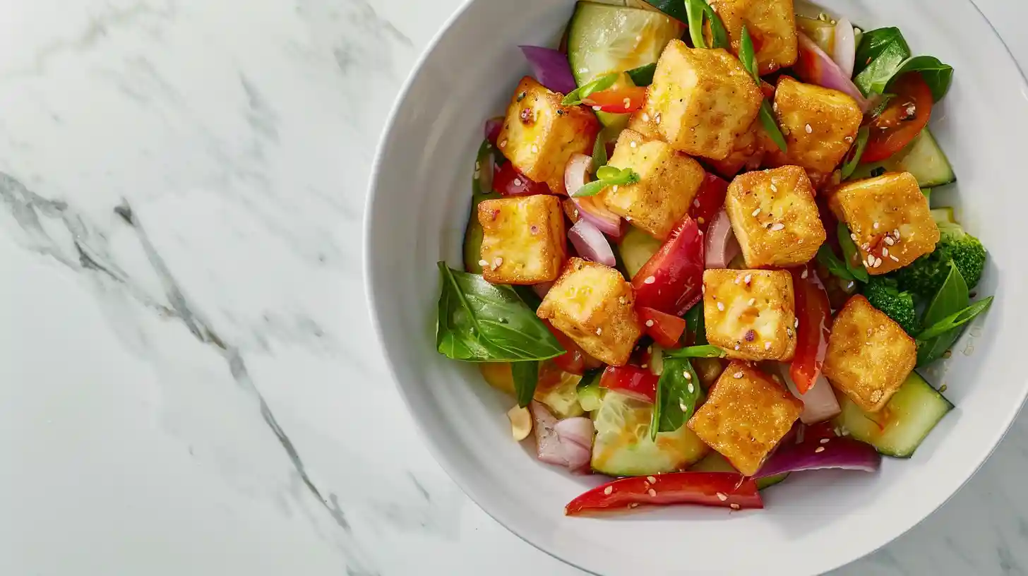 Healthy low FODMAP tofu bowl with crispy tofu cubes, rainbow vegetables, and sesame seeds on marble background.