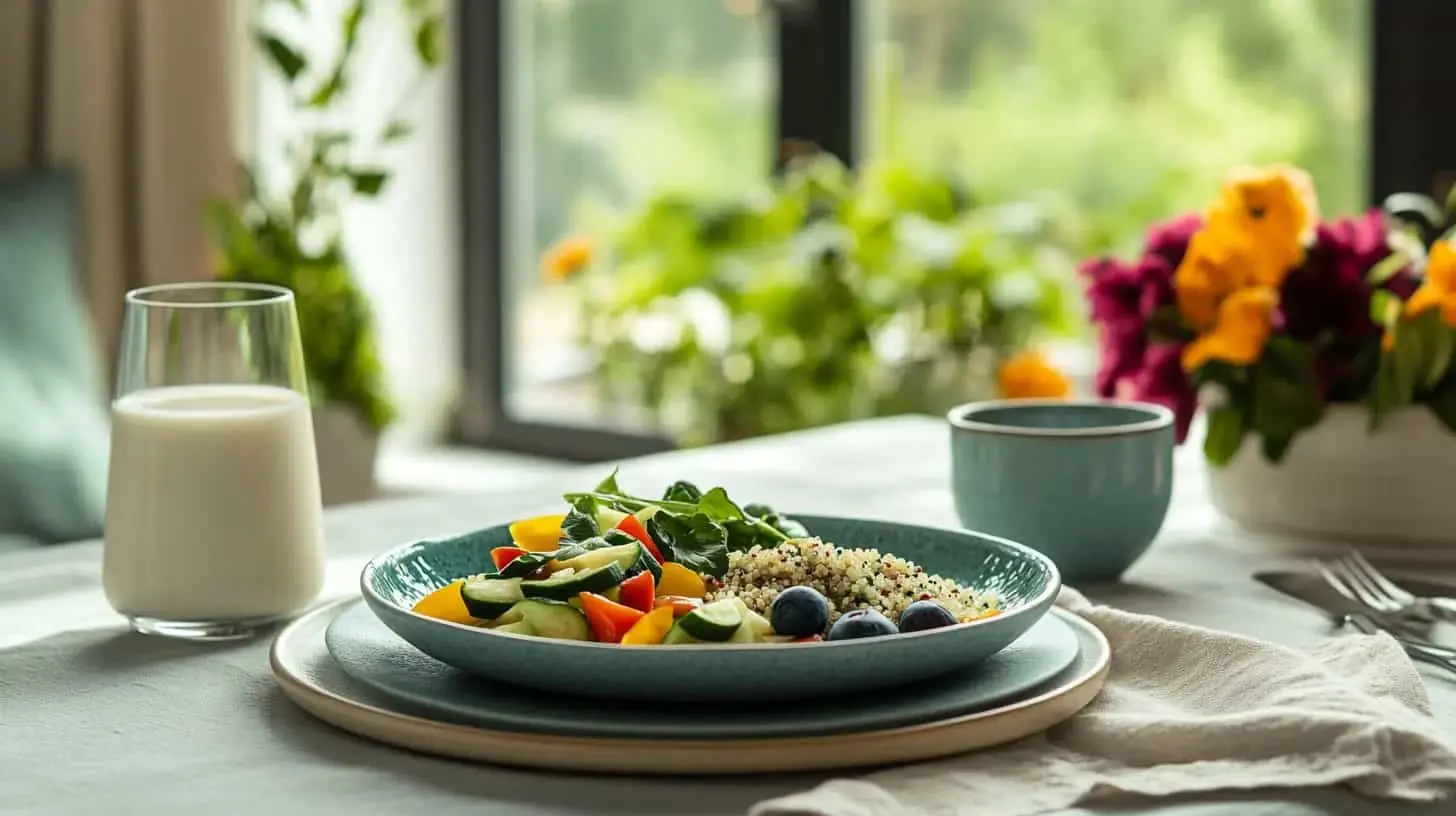 A modern table with Low FODMAP vegetarian dishes, including quinoa salad, almond milk, and blueberry sorbet.