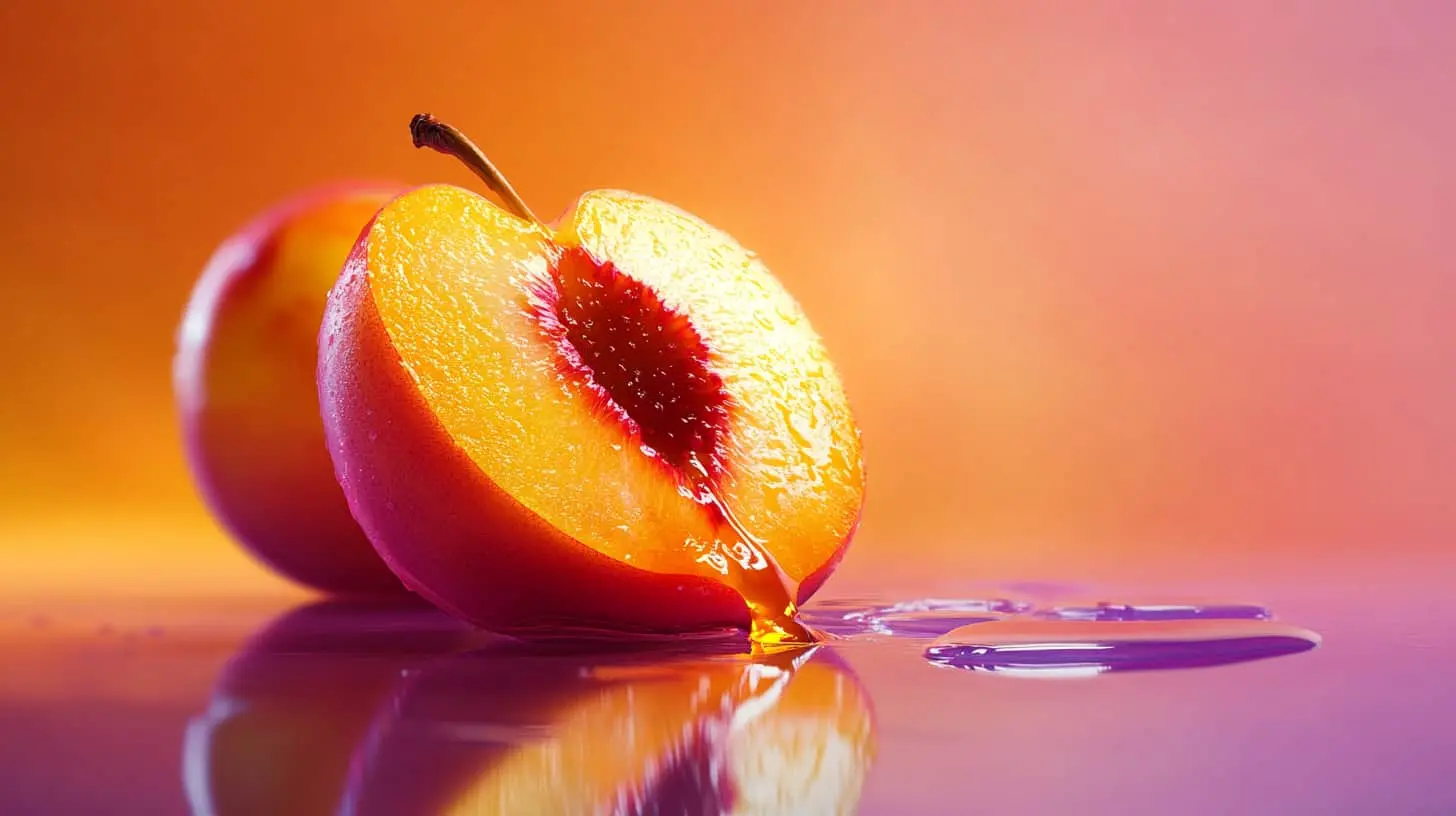 A close-up image of a sliced ripe peach with glistening juice, on a white background.