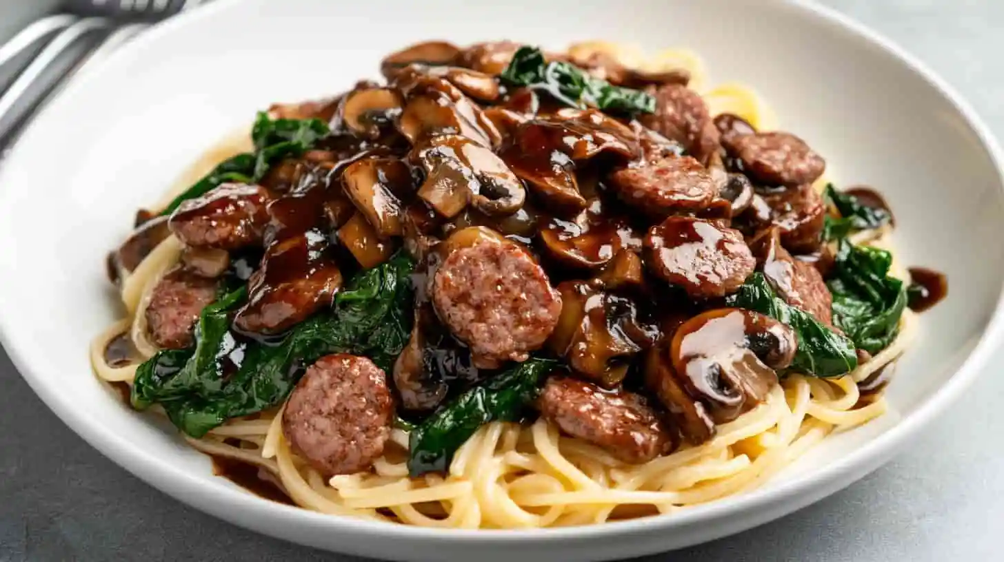 A bowl of balsamic mushroom and sausage pasta served on a modern kitchen countertop