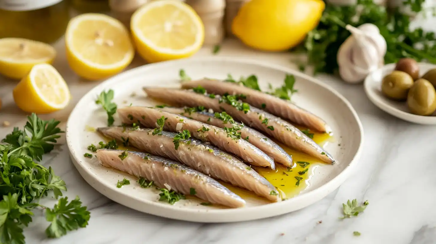 Plate of fresh boquerones marinated in vinegar with garlic, parsley, and Mediterranean ingredients