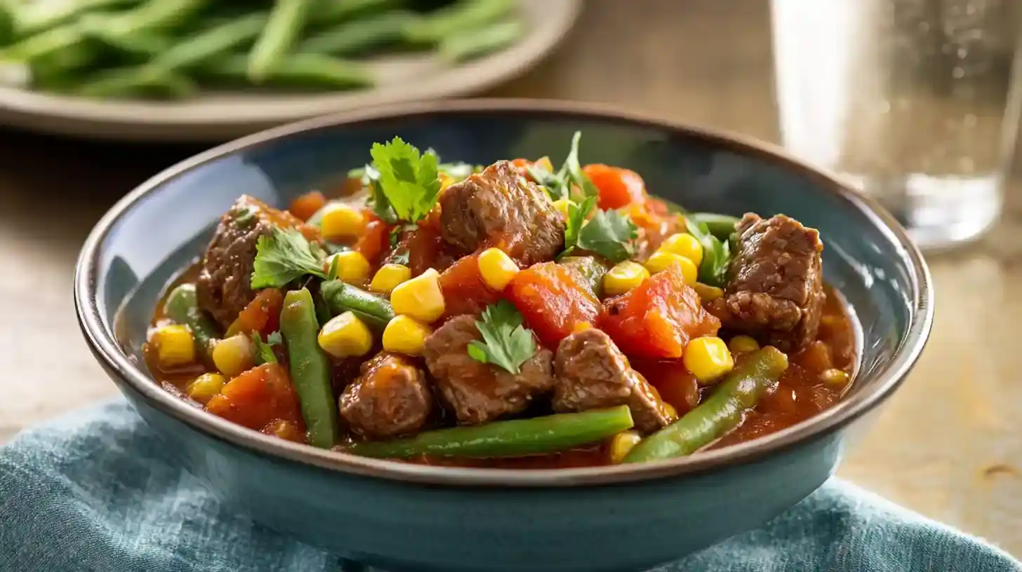 Chilean tomato stew with beef, corn, and fresh vegetables in a modern setting.