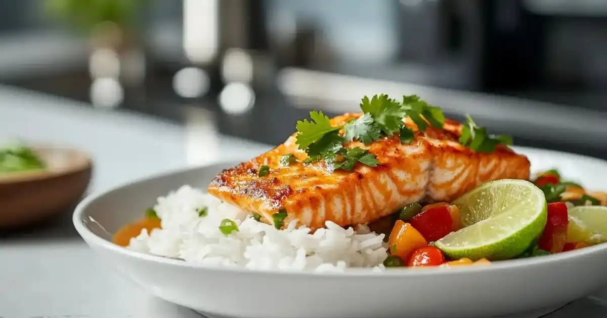 A beautifully plated dish of coconut curry salmon with rice and vegetables, perfect for a healthy dinner.