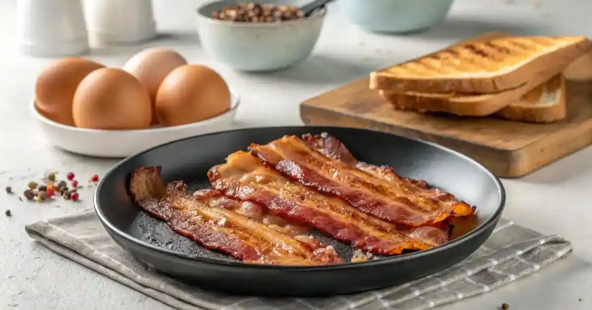 A plate of crispy, golden-brown beef bacon served in a sleek, modern kitchen setting.