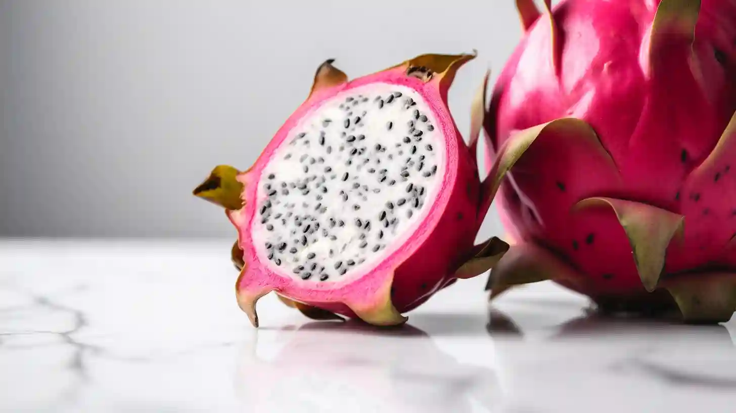 Halved dragon fruit showing white flesh and black seeds on marble surface