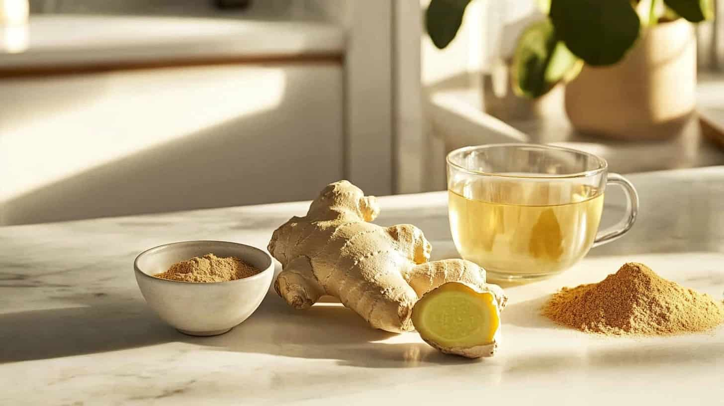 Fresh ginger root, ground ginger, and ginger tea on a modern kitchen countertop.