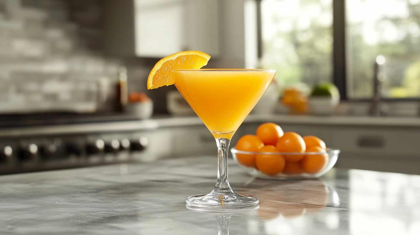 A glass of freshly squeezed orange juice on a modern countertop, garnished with a slice of orange.