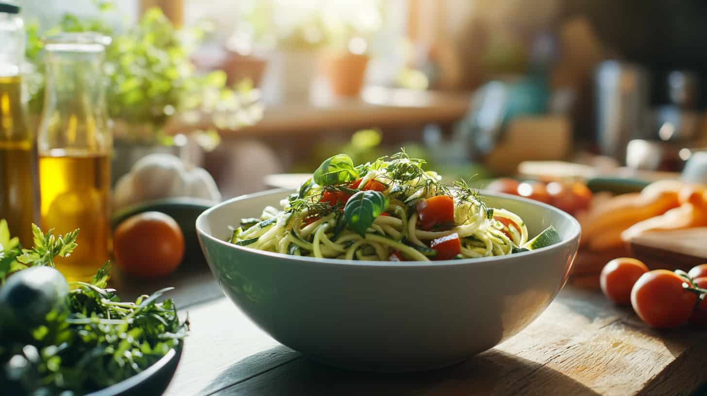 Bowl of spiralized zucchini noodles with garnishes on a kitchen counter.