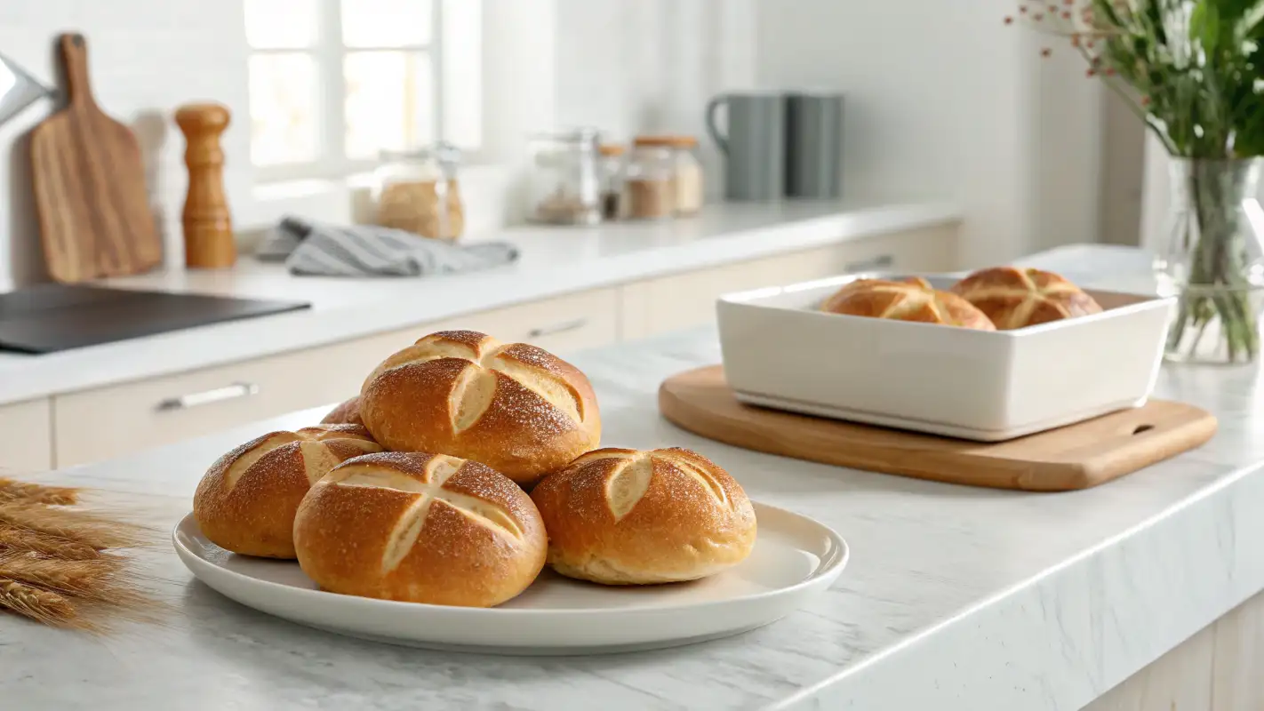 Golden brown kaiser rolls with a crispy exterior, cooling on a minimalist kitchen counter.