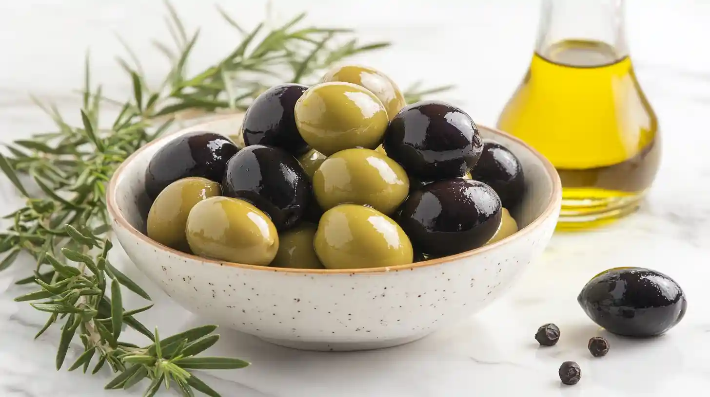 A modern flat-lay of green and black olives in a bowl on a white marble table with fresh herbs and olive oil.