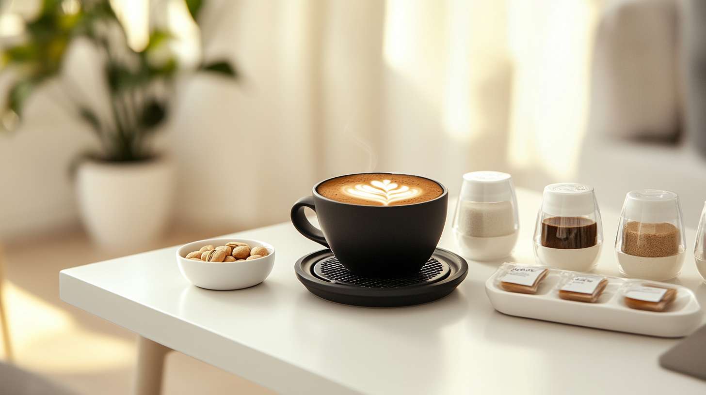 A cup of black coffee with low FODMAP milk and sweeteners on a modern white table.