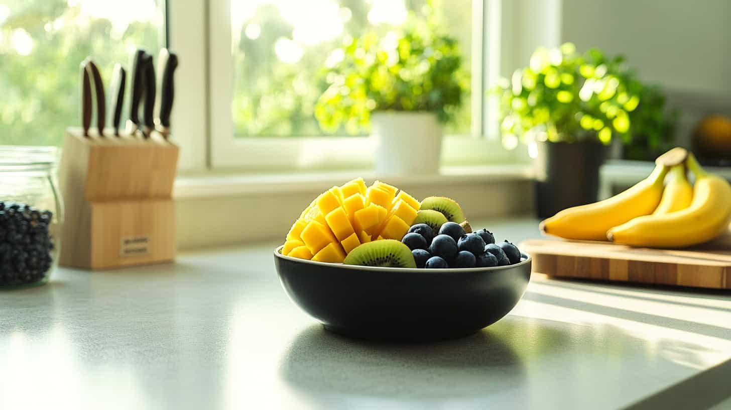 Sliced mango in a bowl with low FODMAP fruits on a modern kitchen counter.