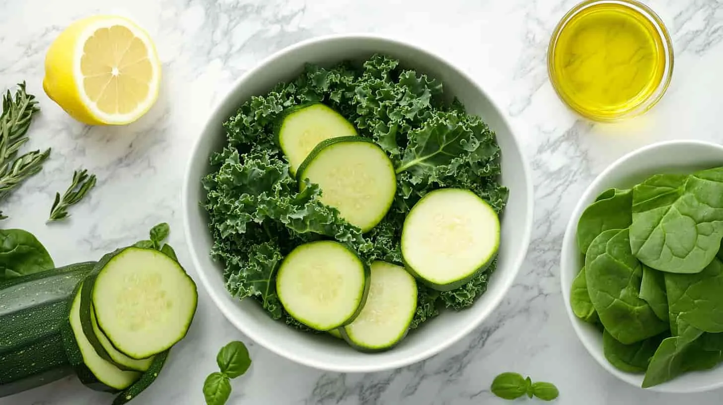 A modern bowl of sautéed kale with low FODMAP vegetables.