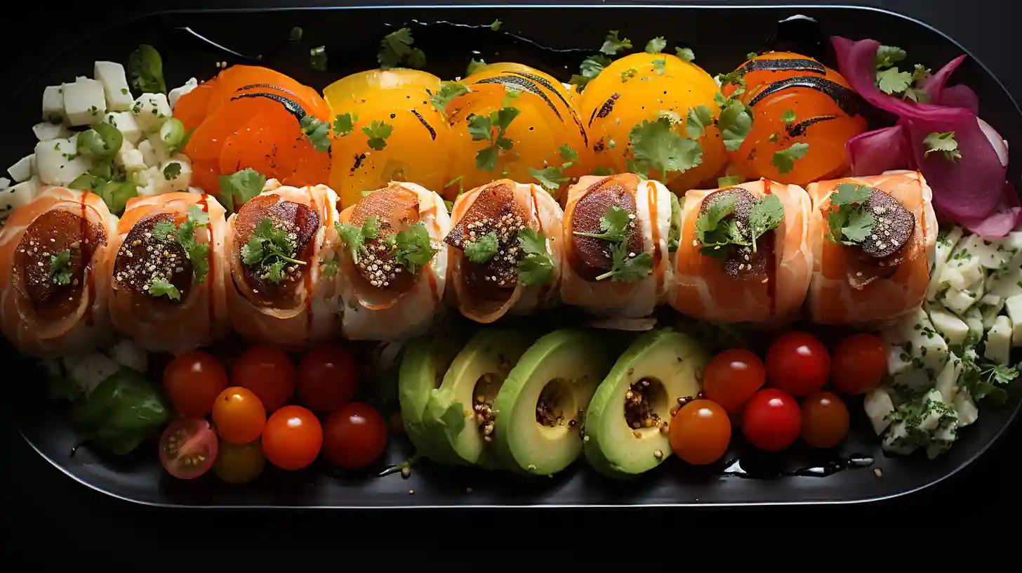 Symmetrical arrangement of colorful low FODMAP appetizers in geometric pattern on black slate surface