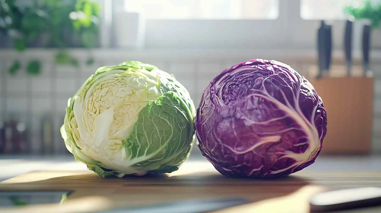 Green and red cabbage on a modern kitchen counter, sliced to show their vibrant layers.