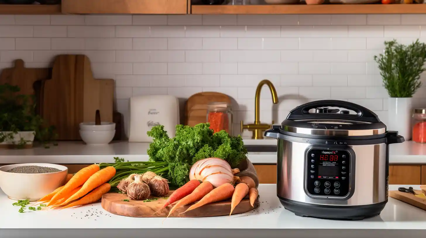 Instant Pot surrounded by fresh low FODMAP ingredients including carrots, quinoa, and herbs on a clean kitchen counter.