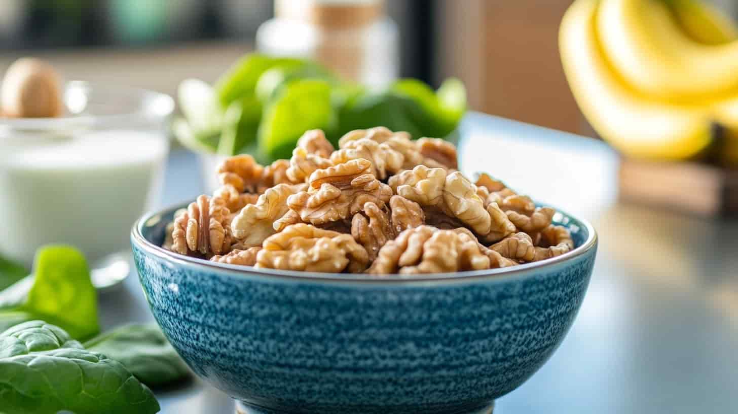 A bowl of walnuts on a modern kitchen countertop, paired with fresh low FODMAP foods like bananas and yogurt.