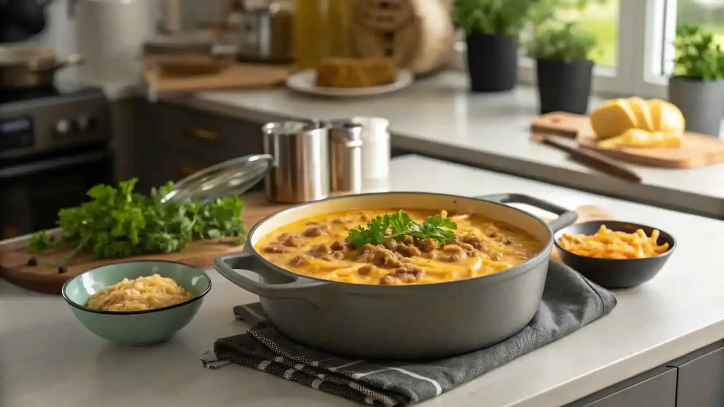 A bowl of creamy macaroni cheeseburger soup topped with fresh parsley on a modern countertop.