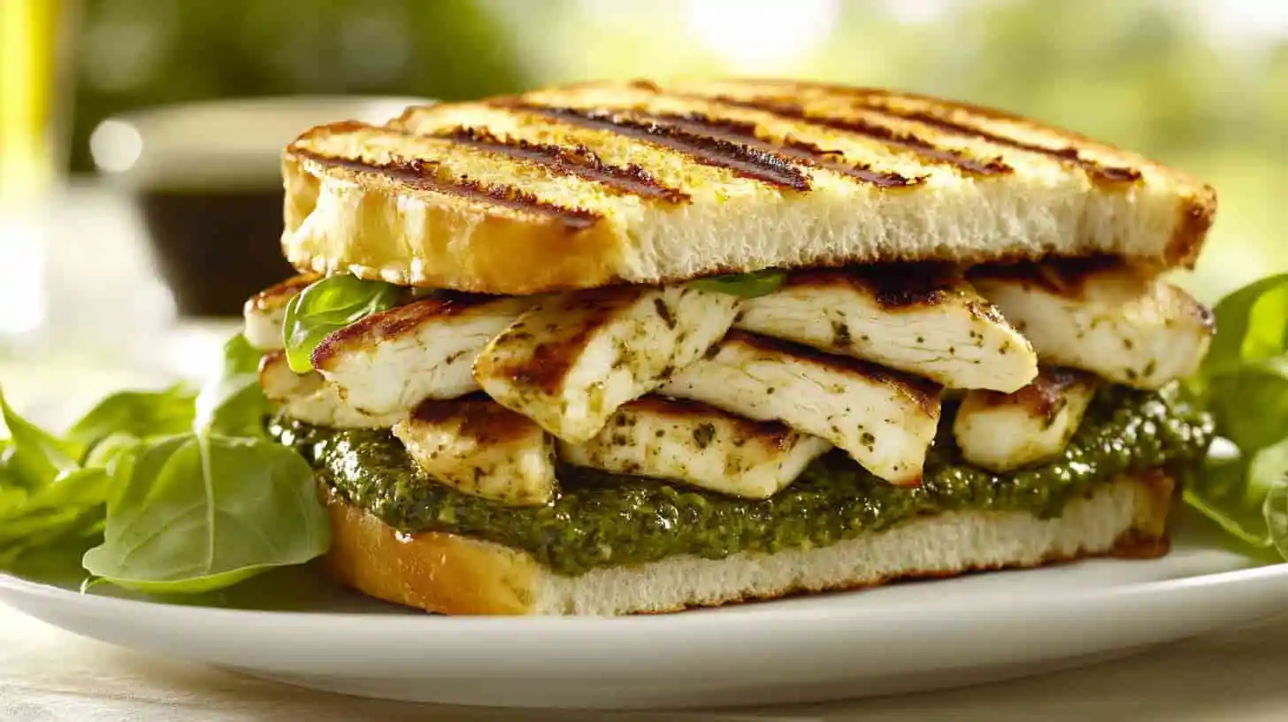 A pesto chicken sandwich with grilled chicken, basil, melted mozzarella, and pesto sauce on toasted ciabatta bread