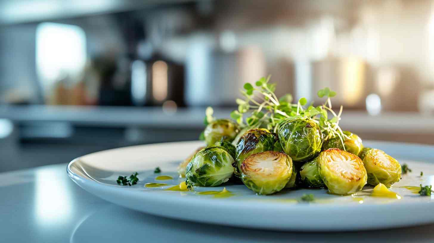 A plate of roasted brussel sprouts with lemon and herbs, perfect for a low FODMAP diet.