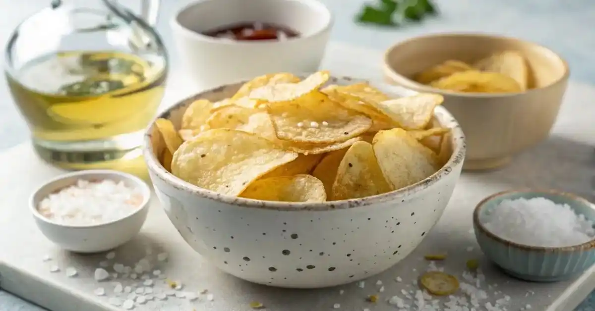 A bowl of crispy salt and vinegar potato chips with sea salt and vinegar on a modern white table.