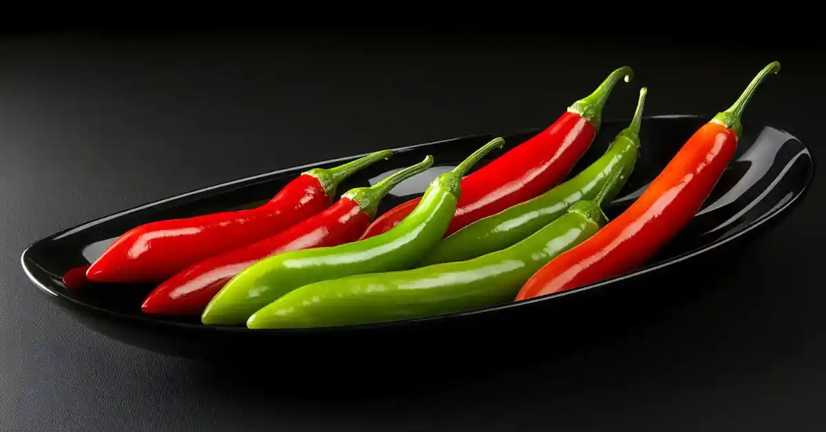 Close-up of glossy serrano peppers in green and red on a sleek black plate.