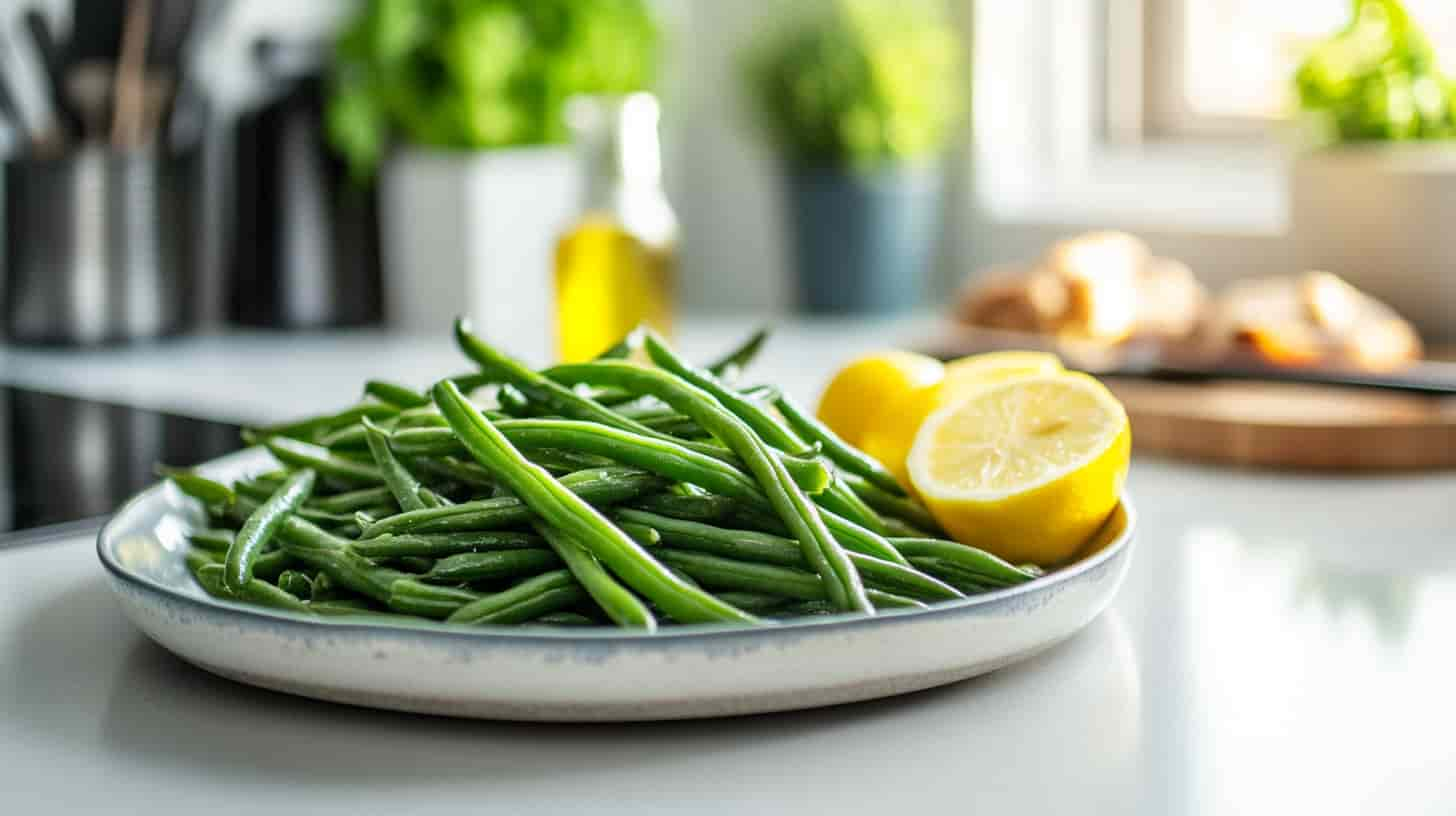 A plate of fresh green beans garnished with lemon, perfect for a low FODMAP diet.