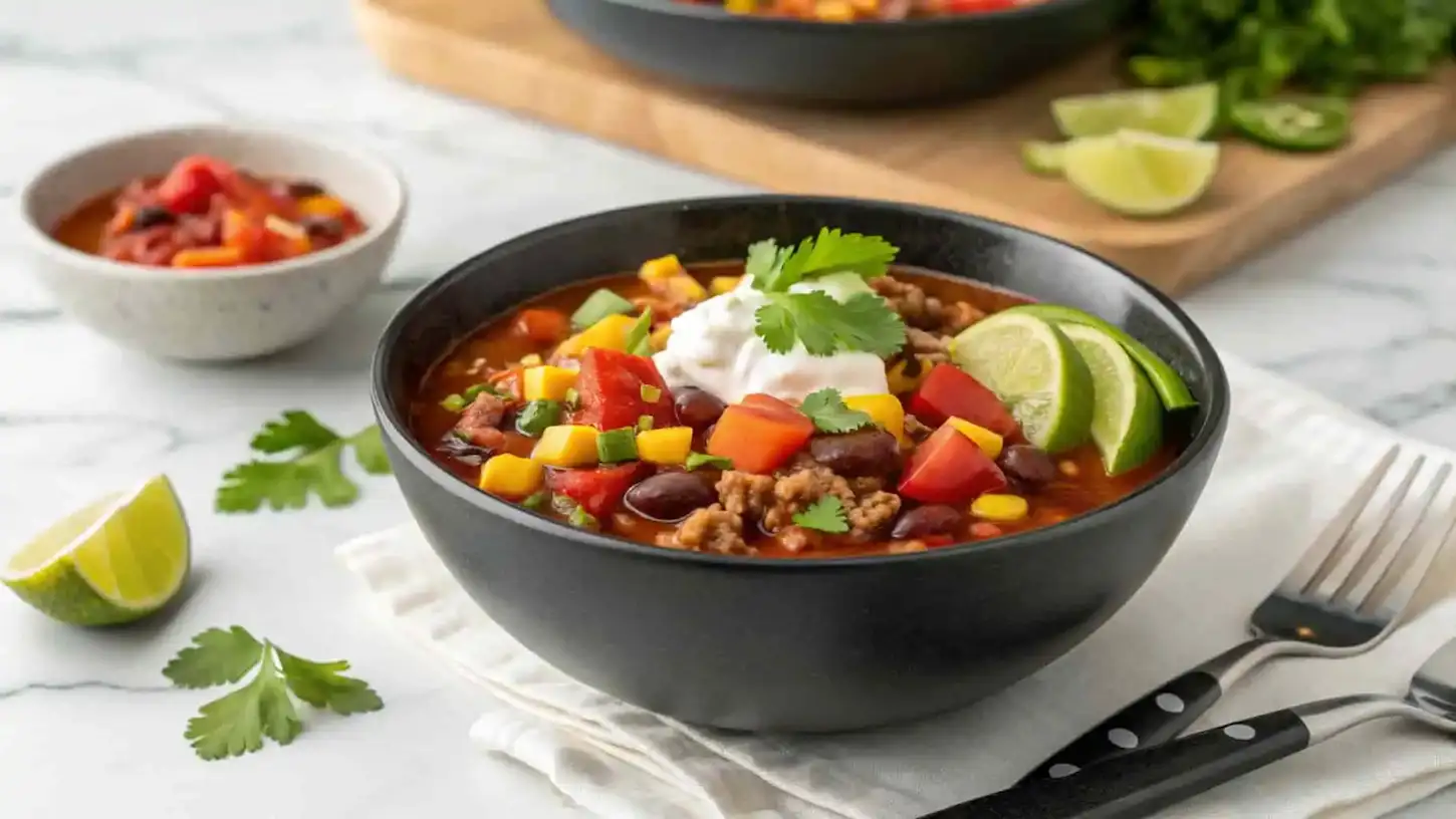 A bowl of taco soup frios with beans, corn, tomatoes, and garnishes of cilantro, lime, and sour cream.