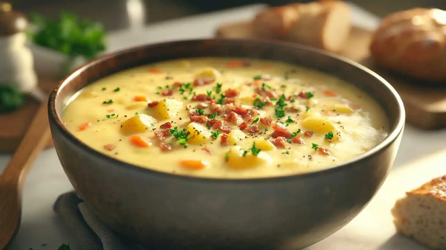 A bowl of traditional creamy Benignis potato soup garnished with parsley, bacon, and cream, served with bread on a white table.