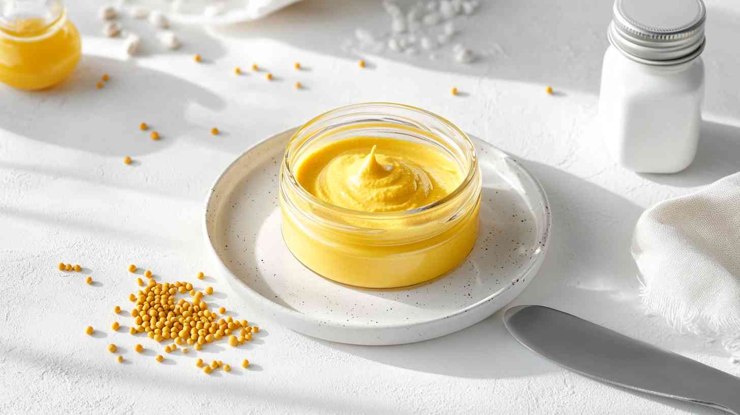 A jar of yellow mustard with a dollop on a white plate, surrounded by mustard seeds and a silver knife.