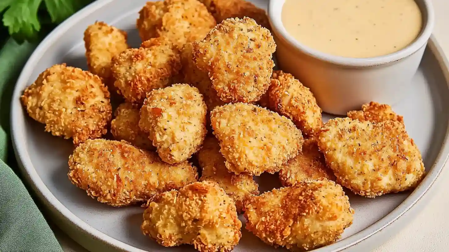 Golden, crispy homemade chicken nuggets served on a white plate with a side of creamy dipping sauce.