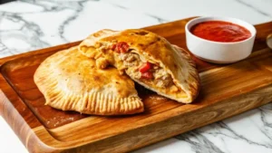 A freshly baked Italian calzone with a golden crust, gooey cheese, and flavorful filling, served on a modern surface.